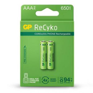 gp rechargeable battery recyko aaa 650 for cordless phone pack2