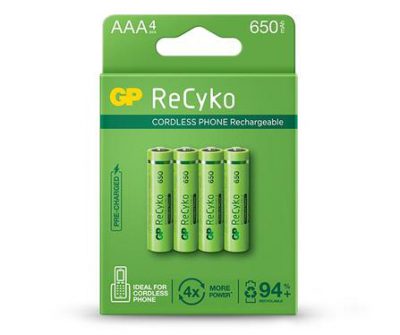 gp rechargeable battery recyko aaa 650 for cordless phone pack4
